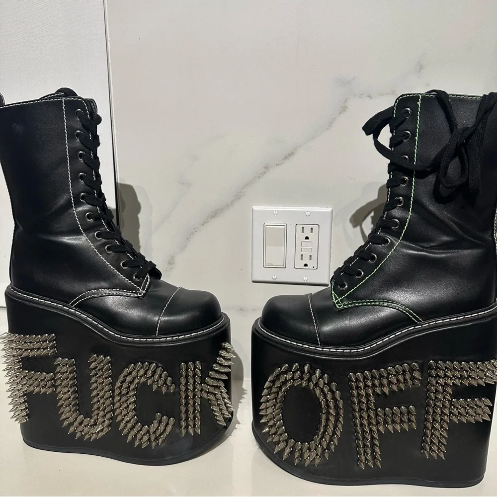 Dolls Kill Never Censored F off Black Platform Boots with Studs